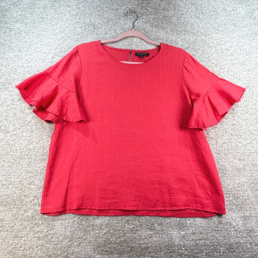 For Cynthia Ruffle Sleeve Blouse 100% Linen PL Coral Pink Coastal Summer